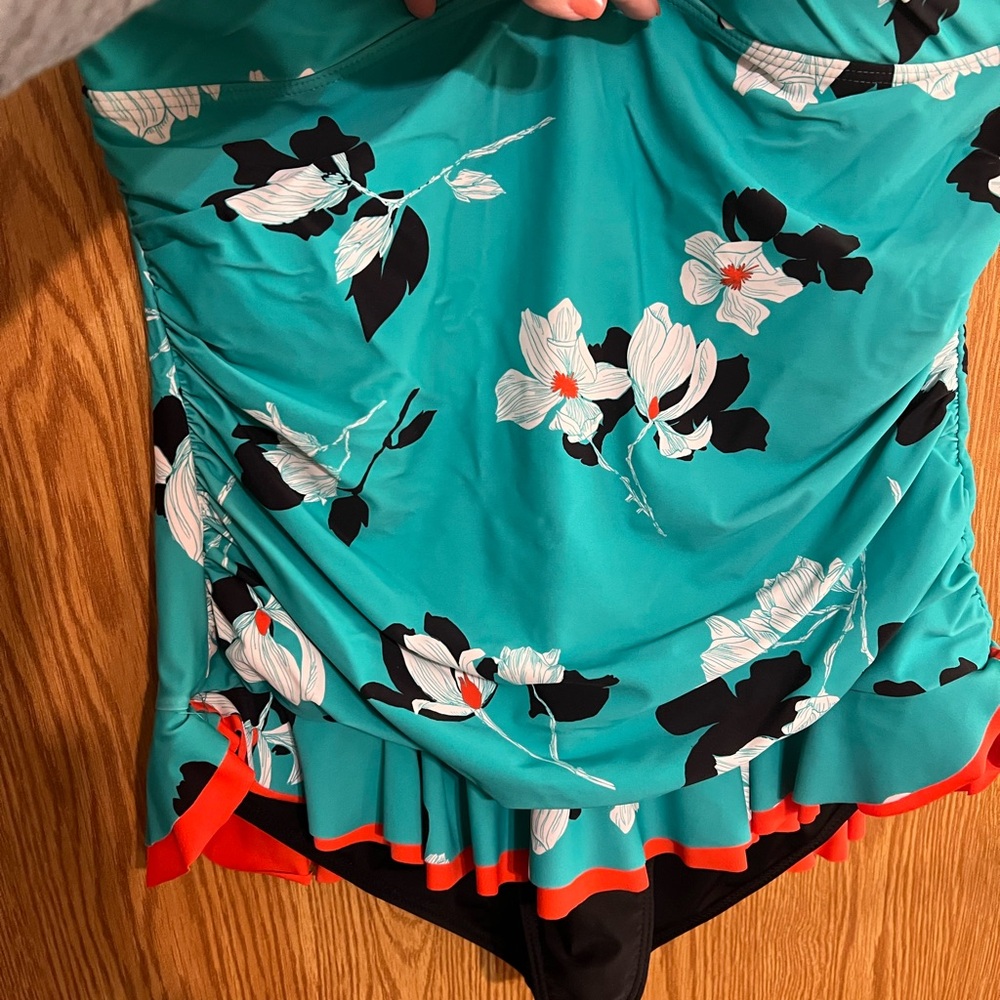 Floral One-Piece Swimsuit - Teal and Black - Picture 3 of 8